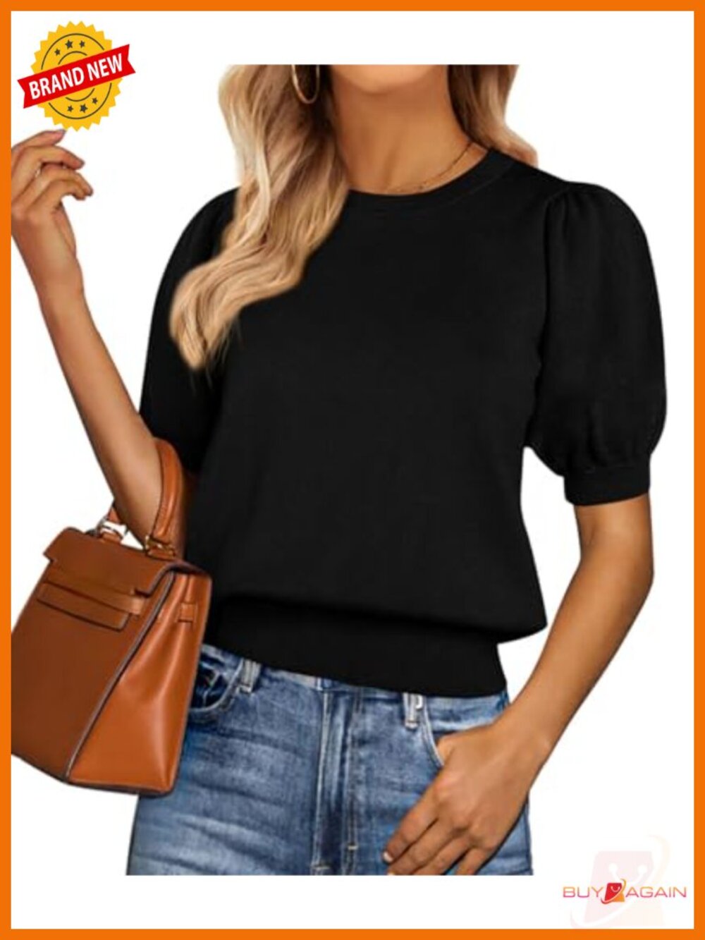 Puff Short Sleeve Sweater Ribbed Crewneck Loose Knit Business Casual Top